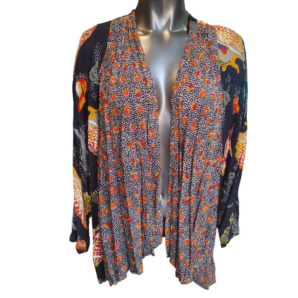 AKF Women's M Blue/Orange Botanical Open Front Cardigan